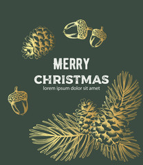 Wall Mural - Merry christmas golden sketch style composition with nuts, pine cones and fir tree leaves. Line art vector