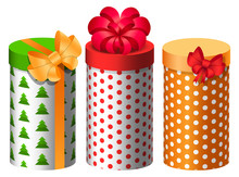 Gift Boxes Decorated For Special Events Vector. Isolated Set Of Presents In Flat Style. Rounded Packages With Bows And Ribbons. Birthday And Christmas Celebration, Greeting With Seasonal Holidays