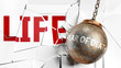 Fear of death and life - pictured as a word Fear of death and a wreck ball to symbolize that Fear of death can have bad effect and can destroy life, 3d illustration