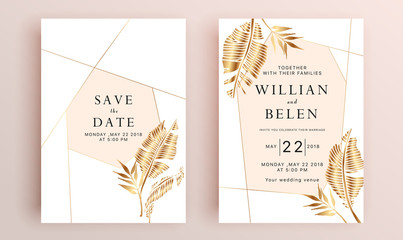 Wall Mural - Beautiful set of wedding card templates. Gold collection of geometrical polyhedron, art deco style for wedding invitation, luxury templates, decorative patterns.