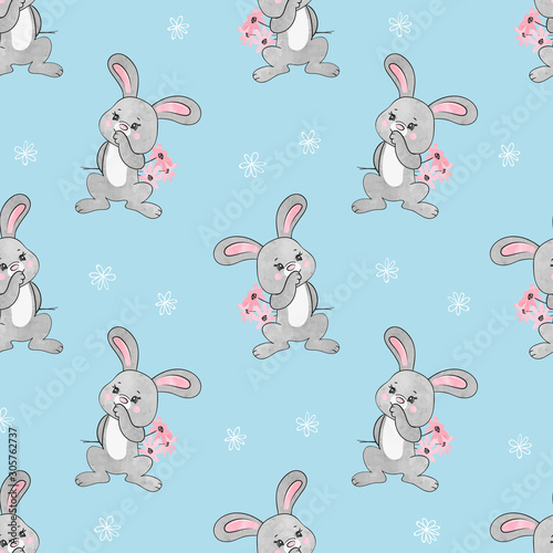Seamless pattern with cute bunny and flowers. Baby print with cartoon rabbits.