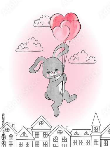 Cute cartoon bunny flying on balloons. Watercolor vector illustration.