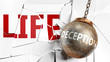 Deception and life - pictured as a word Deception and a wreck ball to symbolize that Deception can have bad effect and can destroy life, 3d illustration