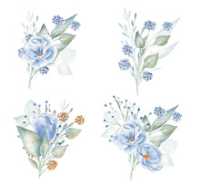 Blue And Red Flowers Hand Drawn Aquarelle Illustrations Set