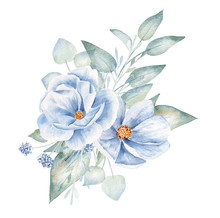 Blue Flowers And Leaves Hand Drawn Aquarelle Illustration