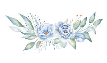 Blue Flowers And Plant Twigs Hand Drawn Aquarelle Illustration