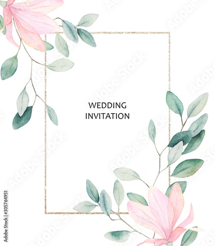 Wedding invitation  template  with green watercolor eucalyptus leaves, jasmin...