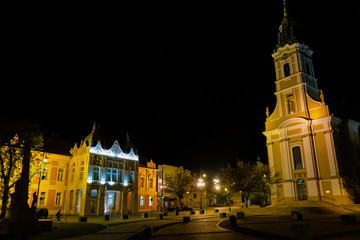 night view of the square in Szekszard, Hungary