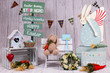 For Easter holidays, colorful backdrops for photo studios, with elements like: eggs, bunnies rabbit, carrots, easter signs, big flowers, giant mushrooms, boxes.