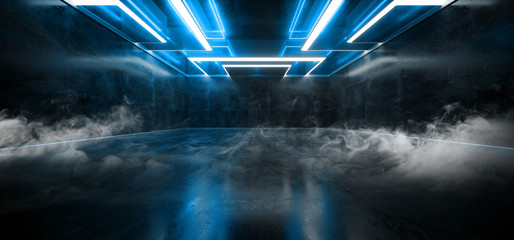 smoke fog mist laser show club dark neon sci fi futuristic retro blue glowing ceiling lights concret