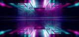 Fototapeta Perspektywa 3d - Laser Show Club Dark Neon Sci Fi Futuristic Retro Purple Blue Glowing Ceiling Lights Concrete Grunge Garage Stage Tunnel Room Hall 3D Rendering