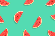Flat Lay Of Watermelon Half Slices On Mint Background. Watermelon Pattern.