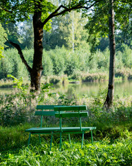 Poster - Benches on coast of lake.