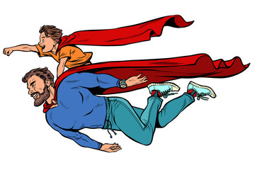 dad and son are superheroes. fatherhood and childhood