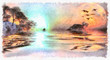 Watercolor Landscape in bright hues with islands, water and sky
