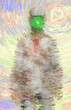 Surreal digital art. Man in white corroded suit with green apple instead of face