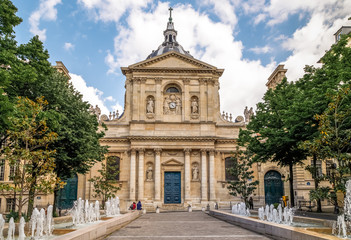 Wall Mural - Latin Quarter, Paris, historic building of University of Sorbonne, Chapel of Sorbonne, the square with fountains in front. Paris, France.