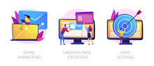 Web Design And Targeted Advertisement Flat Icons Set. Newsletter Digital Promotion. Email Marketing, Landing Page Creation, Lead Scoring Metaphors. Vector Isolated Concept Metaphor Illustrations