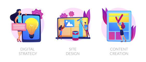 Creative writing, web development and mobile advertising flat icons set. Outbound marketing. Digital strategy, site design, content creation metaphors. Vector isolated concept metaphor illustrations