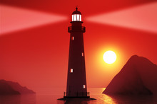 Lighthouse In Ocean Or Sea. 3d Rendering