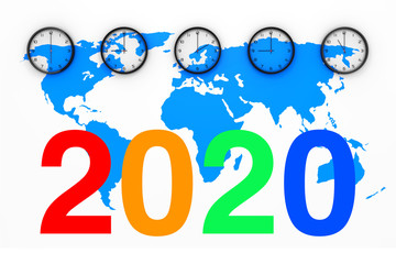 Poster - Set of Clocks with Different World Time, Blue World Map and New 2020 Year Sign. 3d Rendering