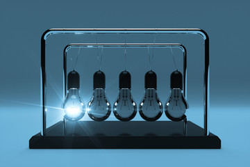 Aufkleber - Business Idea Concept. Perpetual Motion Light Bulbs with One Glowing as Newtons Spheres Cradle. 3d Rendering