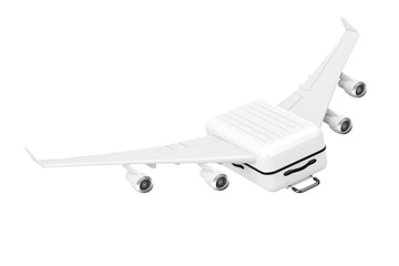 Poster - Travel Concept. Large White Polycarbonate Suitcase with Airplane Wings Flying to Vocation. 3d Rendering