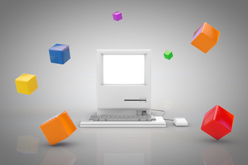 Poster - Abstract Colour Boxes Around Retro Personal Computer. 3d Rendering