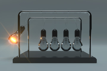 Aufkleber - Business Idea Concept. Perpetual Motion Light Bulbs with One Glowing as Newtons Spheres Cradle. 3d Rendering