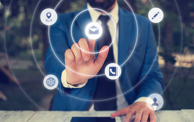 Poster - male human wear formal work suit presenting presentation using smart device