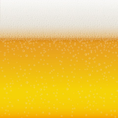 Realistic Bubbles and White Beer Foam. Cool Liquid Drink for Bar, Pub or Restaurant Menu Design. Yellow Horizontal Beer Fest Background in Foam. Cold Glass of Ale for Brewery Design