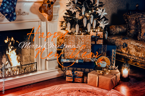 Christmas interior panorama - living room and decorated fireplace. © Viktor