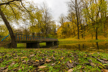 Bridge Over The River In The Autumn Park.