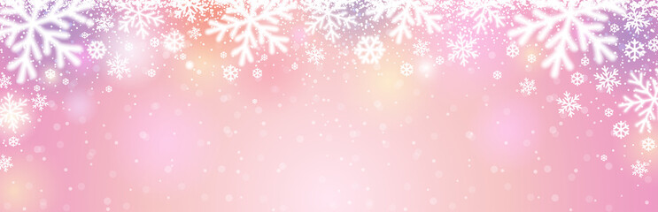 Wall Mural - Pink christmas banner with white blurred snowflakes. Merry Christmas and Happy New Year greeting banner. Horizontal new year background, headers, posters, cards, website. Vector illustration