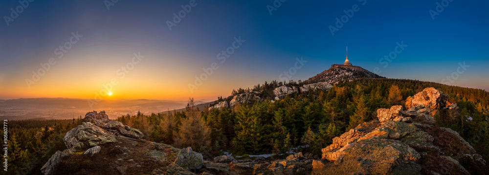 Sunrise over the city of Liberec, Czech republic. Jested. View from the Virive stones Jested Mountain. Jizerske mountains and Liberec. - obrazy, fototapety, plakaty 