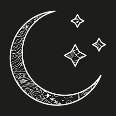 Wall Mural - crescent moon and stars with abstract patterns. black and white illustration