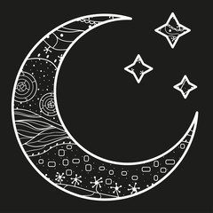 Wall Mural - crescent moon and stars with abstract patterns. black and white illustration