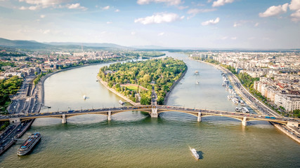 aerial photo shows the margaret island and the margaret bridge in budapest, hungary