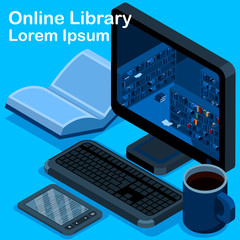 Poster - Online library isometric concept. Library that looks like laptop. Ereader near the computer.