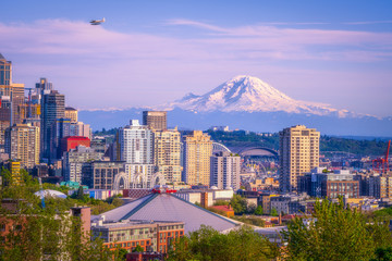 Wall Mural - Seattle Washington - Planes, Buildings and Mt Rainier