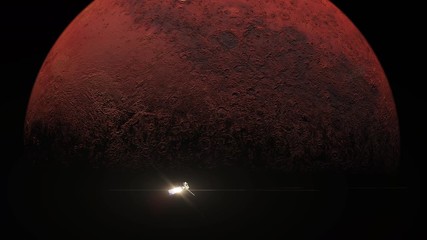 Wall Mural - red planet mars slowly turning in space concept with a probe or satellite moving across the planet
