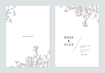 Wall Mural - Minimalist wedding invitation card template design, floral black line art ink drawing on white