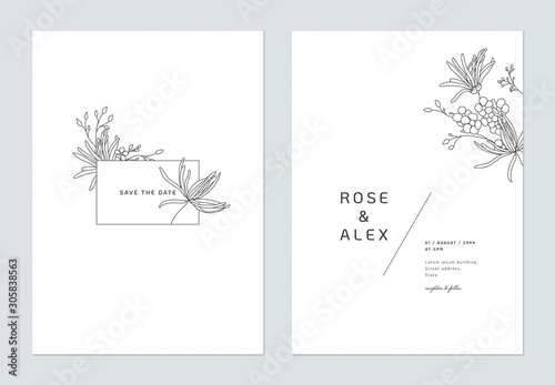 Minimalist wedding invitation card template design, floral black line art ink...