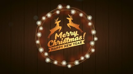 Sticker - happy merry christmas card with lights colors bulbs and deers