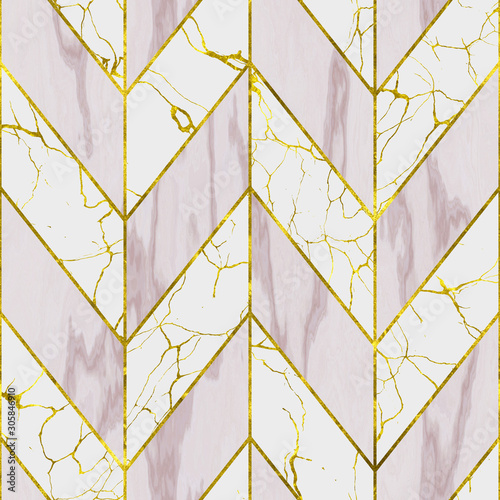 Obraz w ramie Marble and gold color seamless texture with geometric pattern , 3D illustration