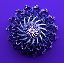 3d Render Of Abstract Kaleidoscopic Fractal Symmetrical Flower With Purple Leafs As Sharp Blades On Super Intensive Violet Background