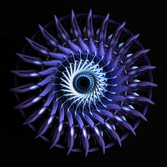 3d render of abstract cemetery fractal flower with leafs like blades in purple gradient on black background