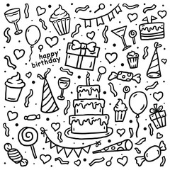 Wall Mural - Birthday pattern, Hand drawn line art vector illustration