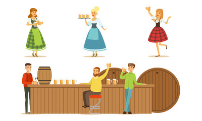 Wall Mural - Men drink beer at the bar. Set of vector illustrations.