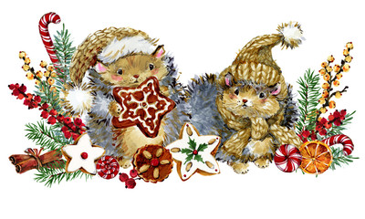 Christmas with forest animals. winter holidays. cute hedgehog watercolor illustration in cartoon style. New Year background 